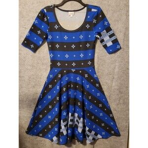 Lularoe Dress Small Blue Black Skater Short Sleeve Fit & Flare Stripe Pullover